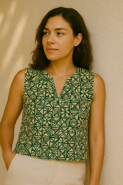 samantha blockprint sleeveless v-neck top