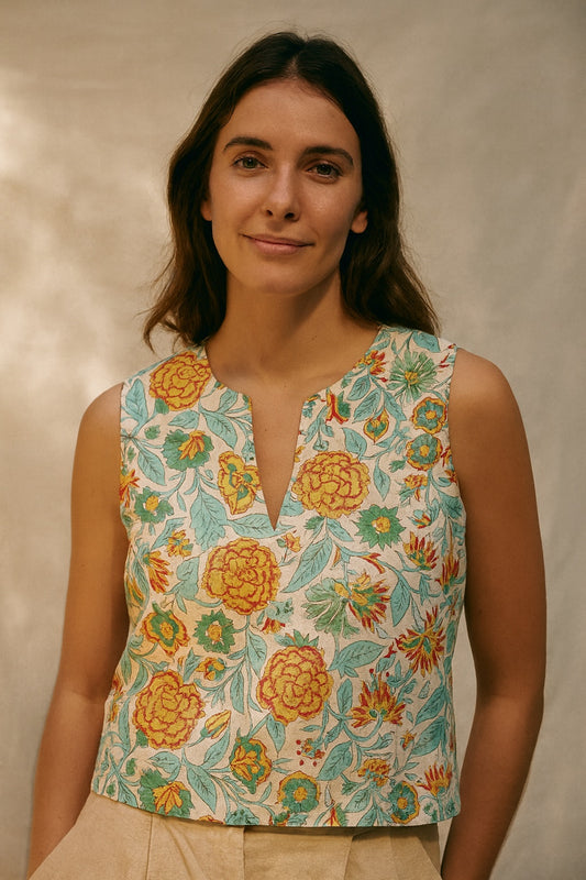 samantha blockprint sleeveless v-neck top