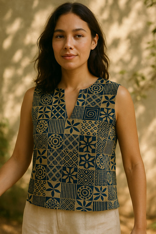 samantha blockprint sleeveless v-neck top