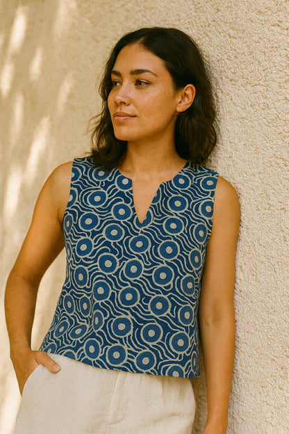 samantha blockprint sleeveless v-neck top